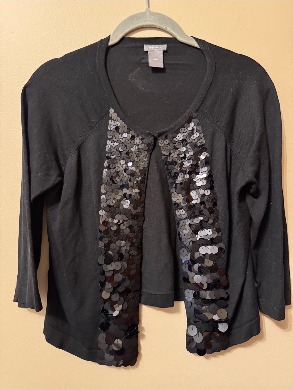 Ann Taylor Black Sequin Open-Front Cardigan